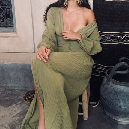 New French retro V-neck waist pleats loose slit temperament long-sleeved dress