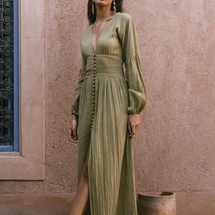 New French retro V-neck waist pleats loose slit temperament long-sleeved dress