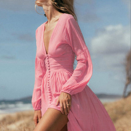 New French retro V-neck waist pleats loose slit temperament long-sleeved dress