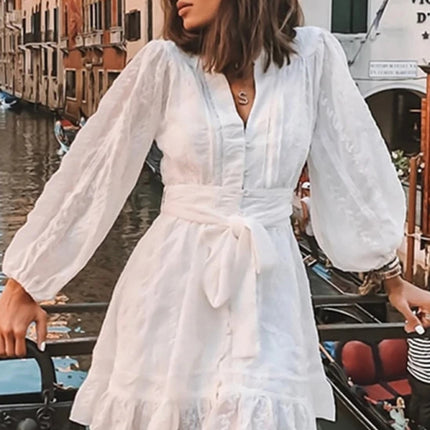 Women's Dress V Neck Long Sleeves Solid Color Sweet Lace Ruffle Skirt