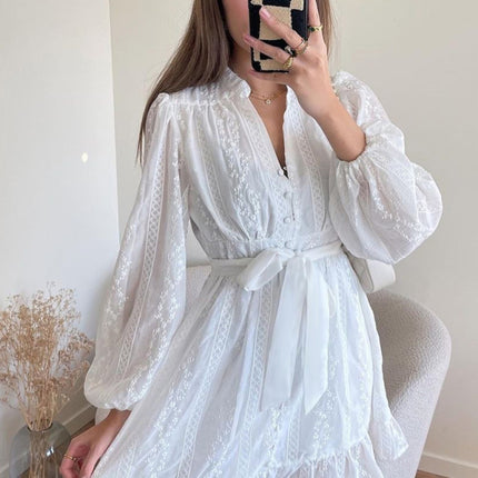 Women's Dress V Neck Long Sleeves Solid Color Sweet Lace Ruffle Skirt