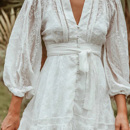 Women's Dress V Neck Long Sleeves Solid Color Sweet Lace Ruffle Skirt