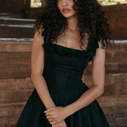 New women's French lace stitching suspenders square collar ruffled waist dress skirt