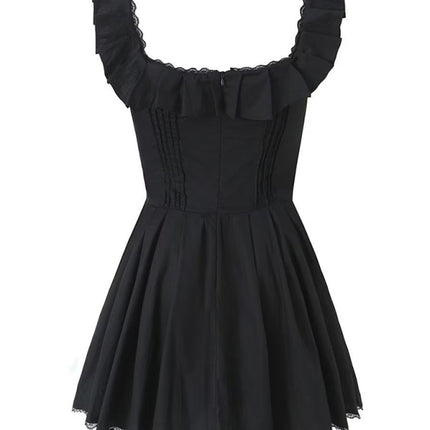 New women's French lace stitching suspenders square collar ruffled waist dress skirt