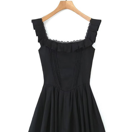 New women's French lace stitching suspenders square collar ruffled waist dress skirt