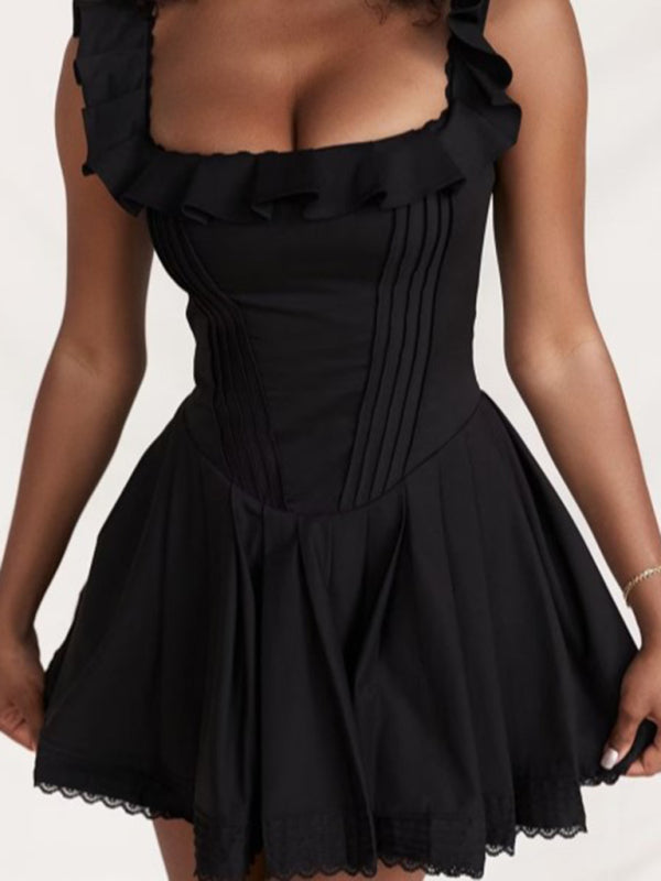 New women's French lace stitching suspenders square collar ruffled waist dress skirt