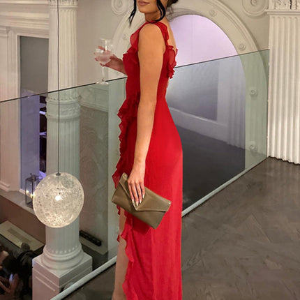 New Spice Girl Slim Height Slit Ribbon Sexy Sling Dress