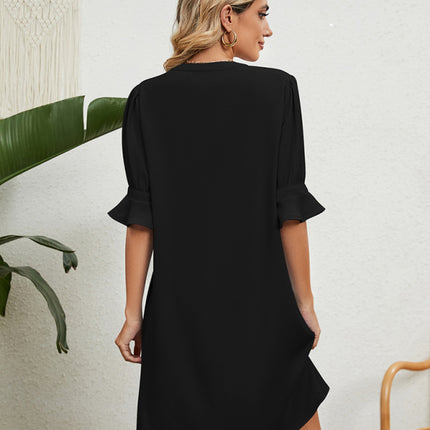 New solid color V-neck loose gathered five-quarter sleeve dress