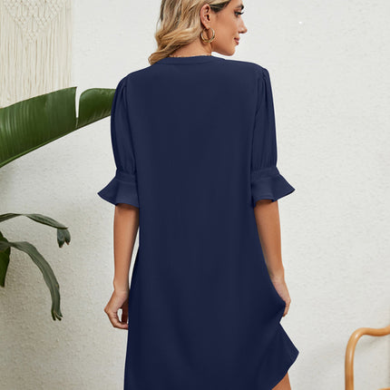 New solid color V-neck loose gathered five-quarter sleeve dress
