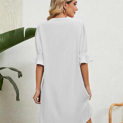 New solid color V-neck loose gathered five-quarter sleeve dress