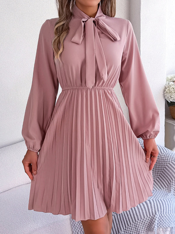 Autumn and winter temperament tie waist long sleeve pleated skirt