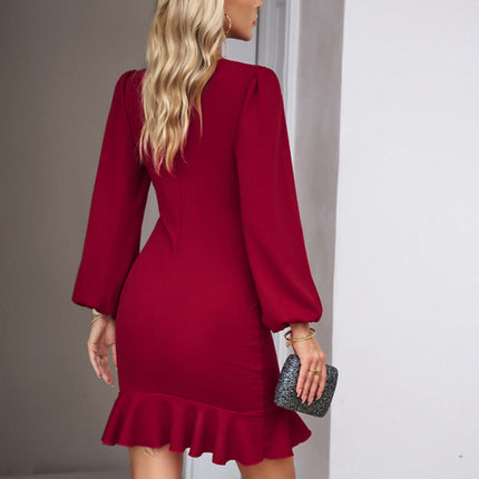 Elegant Puff Sleeve Ruffle Trim Solid Dress