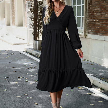 Elegant lace solid color V-neck dress