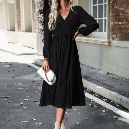 Elegant lace solid color V-neck dress