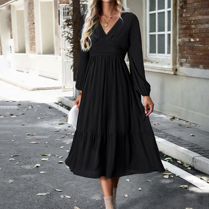 Elegant lace solid color V-neck dress