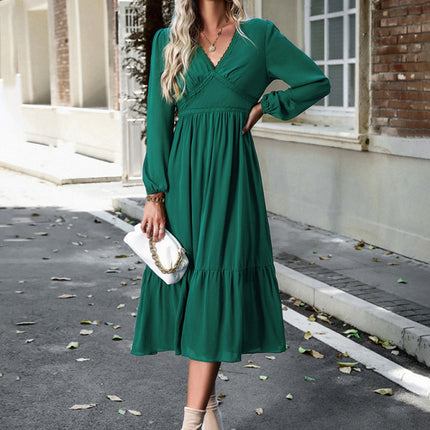 Elegant lace solid color V-neck dress