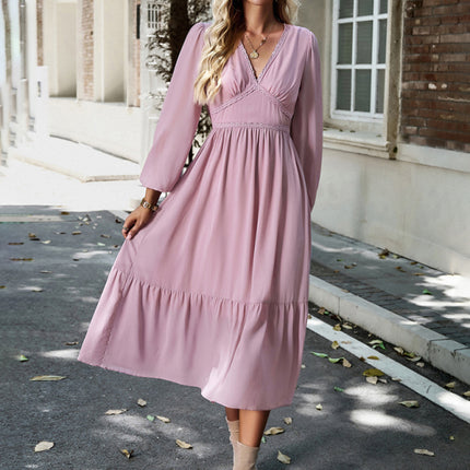 Elegant lace solid color V-neck dress