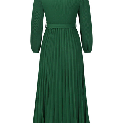 V-neck long-sleeved pleated A-line midi dress