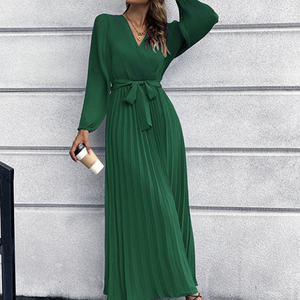 V-neck long-sleeved pleated A-line midi dress