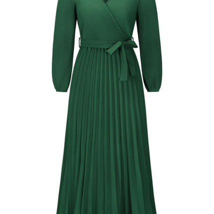 V-neck long-sleeved pleated A-line midi dress