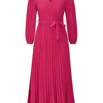 V-neck long-sleeved pleated A-line midi dress