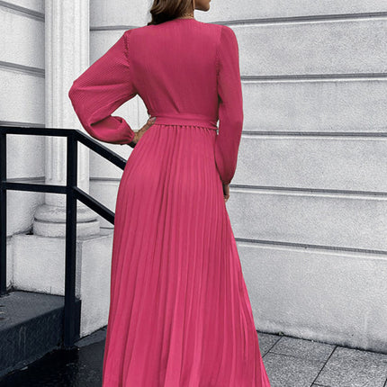 V-neck long-sleeved pleated A-line midi dress