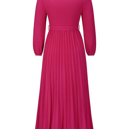 V-neck long-sleeved pleated A-line midi dress