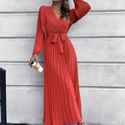 V-neck long-sleeved pleated A-line midi dress