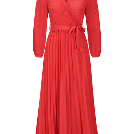 V-neck long-sleeved pleated A-line midi dress