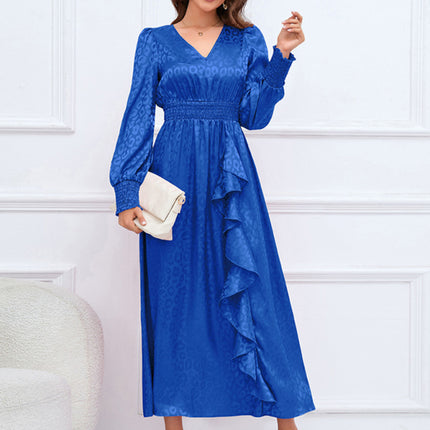 V-neck long-sleeved leopard print ruffle dress