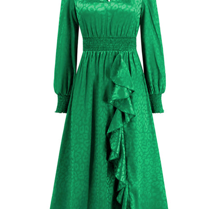 V-neck long-sleeved leopard print ruffle dress
