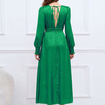 V-neck long-sleeved leopard print ruffle dress