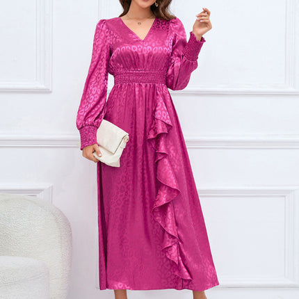 V-neck long-sleeved leopard print ruffle dress