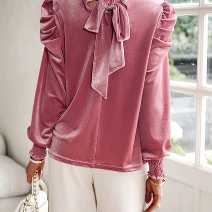 Women's gold velvet turtleneck bow puff sleeve shirt