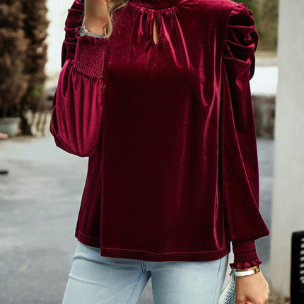 Women's gold velvet turtleneck bow puff sleeve shirt
