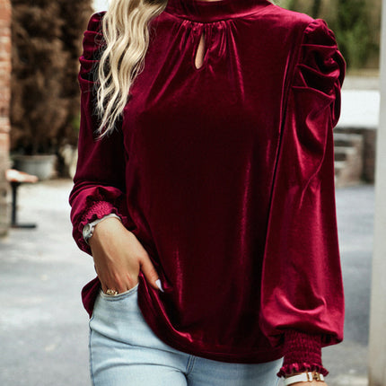 Women's gold velvet turtleneck bow puff sleeve shirt