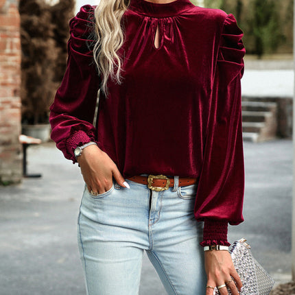 Women's gold velvet turtleneck bow puff sleeve shirt