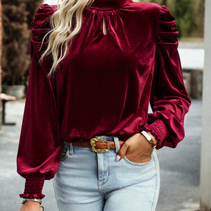 Women's gold velvet turtleneck bow puff sleeve shirt
