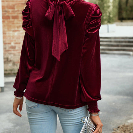 Women's gold velvet turtleneck bow puff sleeve shirt