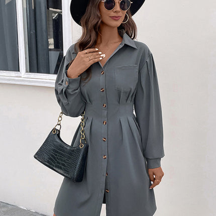 Women's Button Long Sleeve Solid Color Shirt Dress