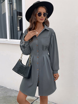 Women's Button Long Sleeve Solid Color Shirt Dress