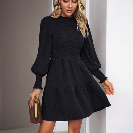 Women's pleated solid color long-sleeved dress