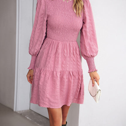 Women's pleated solid color long-sleeved dress