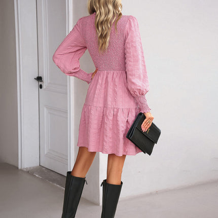 Women's pleated solid color long-sleeved dress