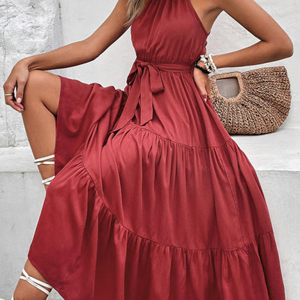 New fashionable women's halterneck solid color mid-length dress