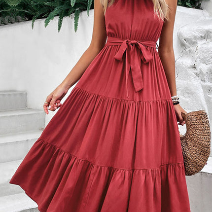 New fashionable women's halterneck solid color mid-length dress