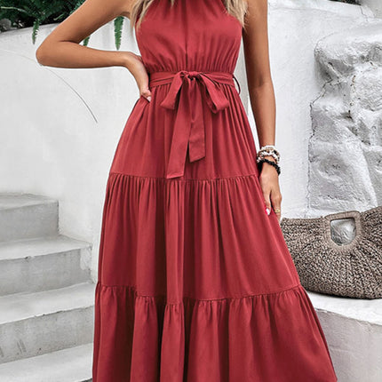 New fashionable women's halterneck solid color mid-length dress