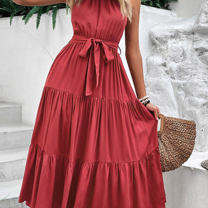 New fashionable women's halterneck solid color mid-length dress