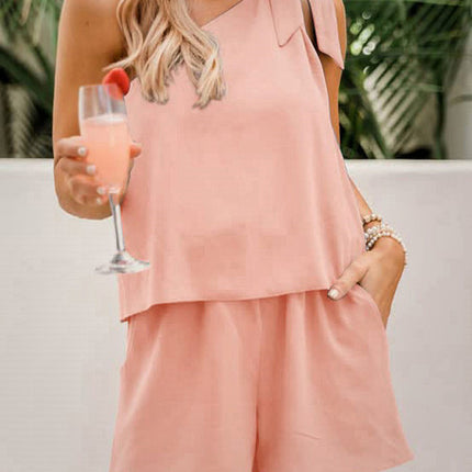 New sloping collar one-shoulder top wide-leg elastic waist trousers two-piece set