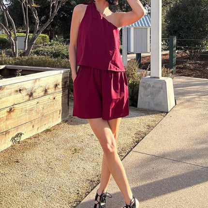 New sloping collar one-shoulder top wide-leg elastic waist trousers two-piece set